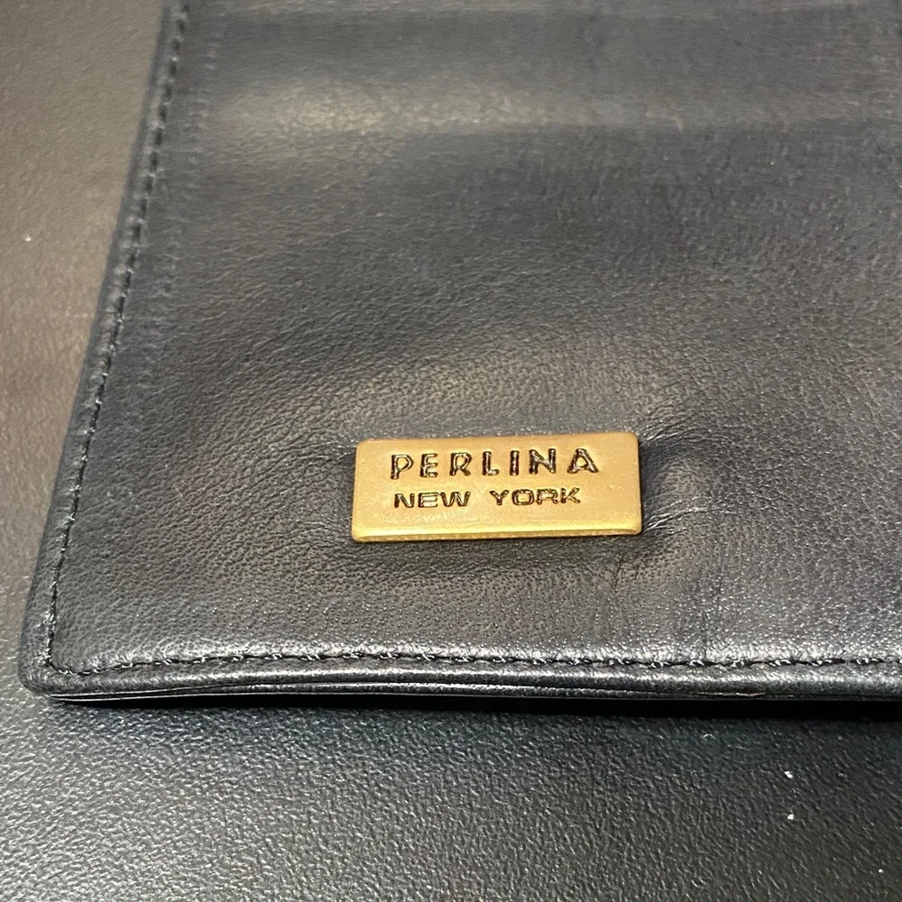 Vintage Perlina New York Black Leather checkbook Wallet with Gold Accent